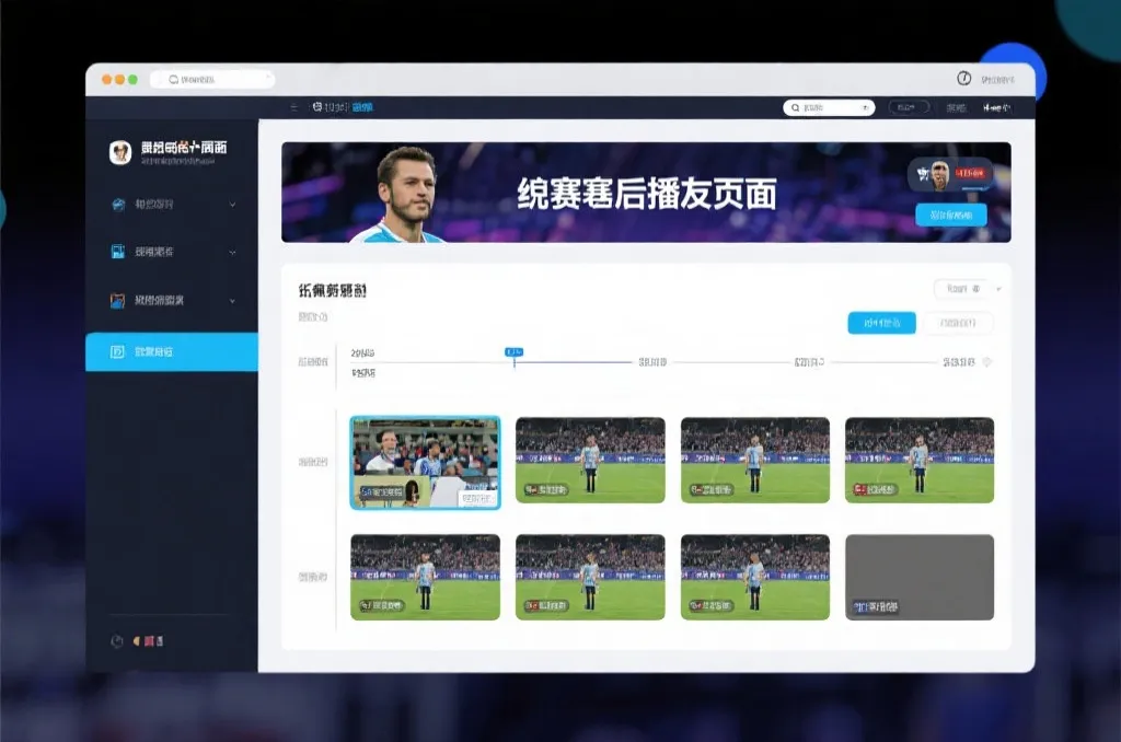 比赛结束后，电视屏幕展示集锦回放页面，旁边有时间轴和多角度切换提示